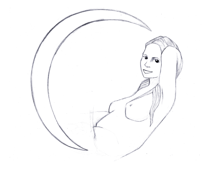 A circular image which is half a crescent moon and half a reclining young woman